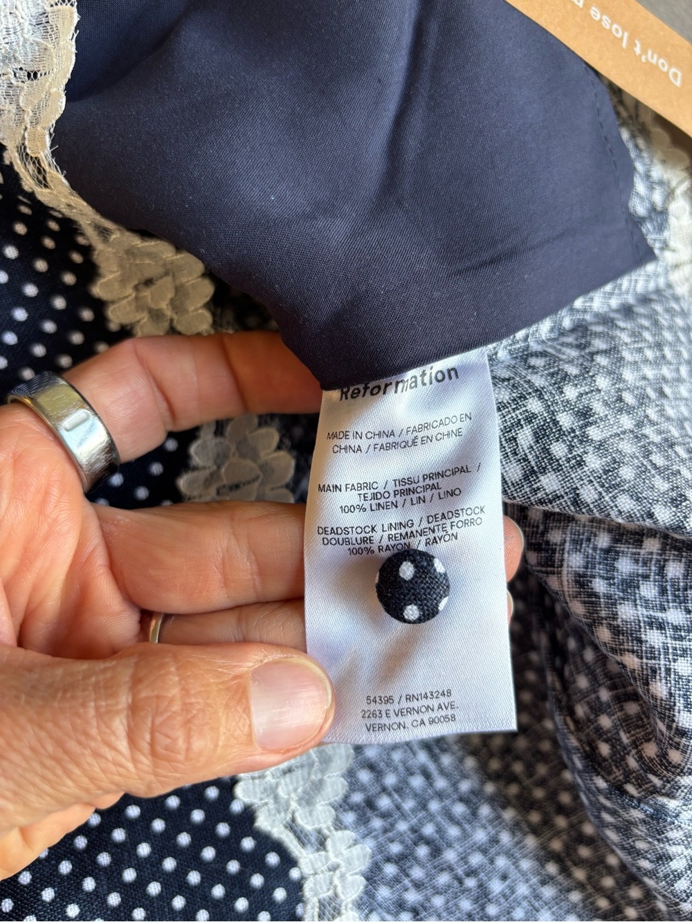 Reformation Annabella Linen Raindrops Navy Polka Dot Lace-Trim Short Sleeve 4 - Picture 7 of 9